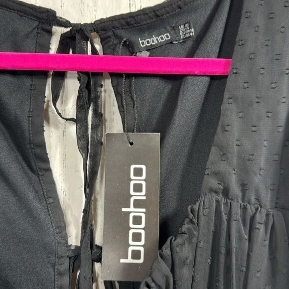 Boohoo Black Swiss Dot Mesh Puff Sleeve Maxi Dress Gothic Cottagecore Boho - Picture 7 of 15